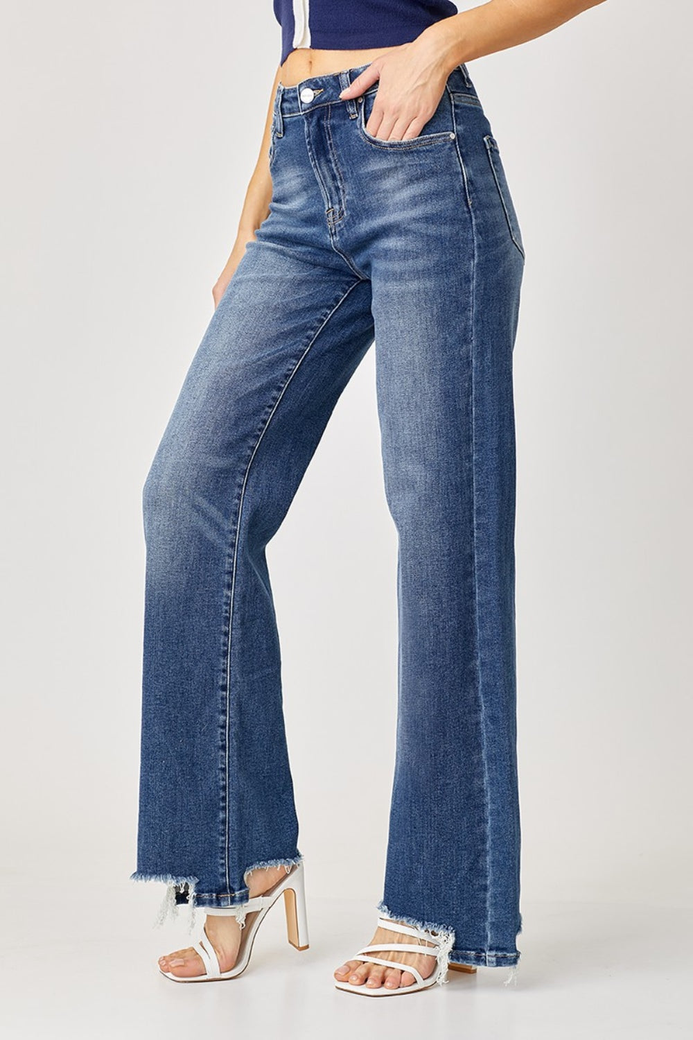 Risen Full Size High Rise Frayed Hem Wide Leg Jeans Trendsi