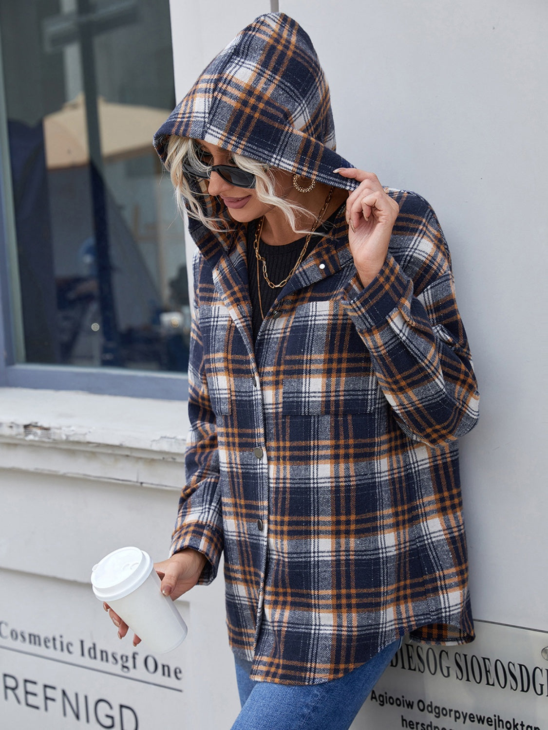 Plaid Button Up Long Sleeve Hooded Jacket Trendsi