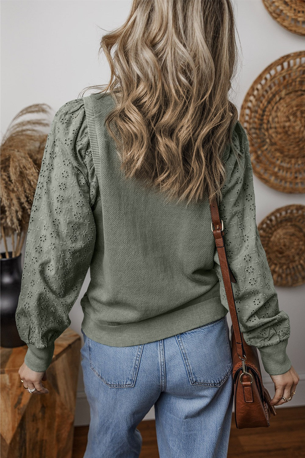 Eyelet Round Neck Long Sleeve Sweatshirt - 5 colors Trendsi