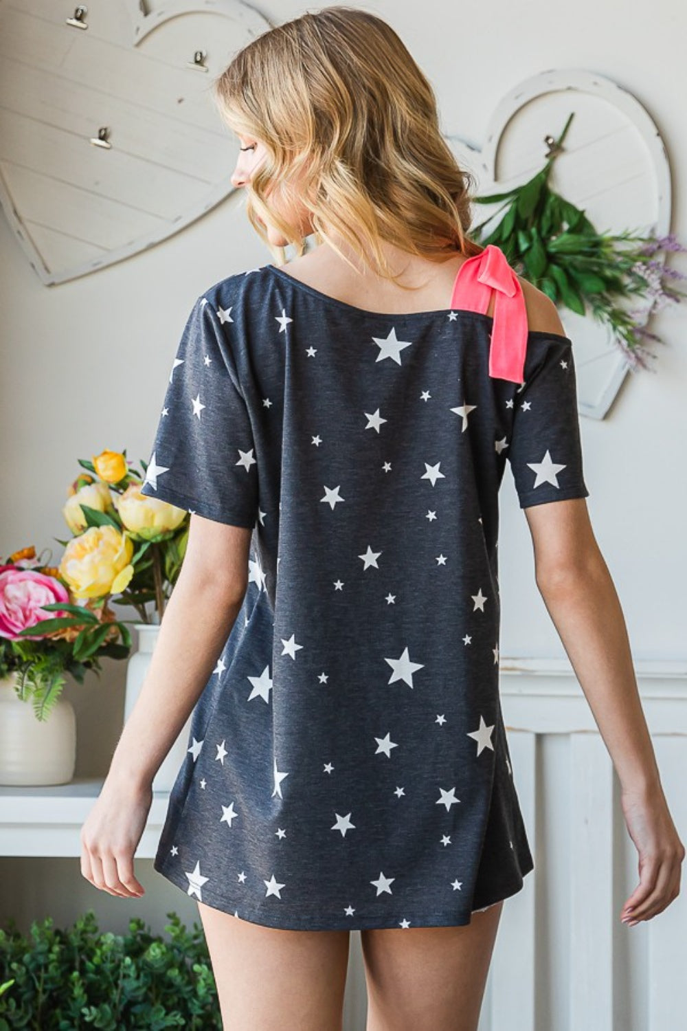 Heimish Full Size Star Print Asymmetrical Neck Short Sleeve Top - Shop All Around Divas