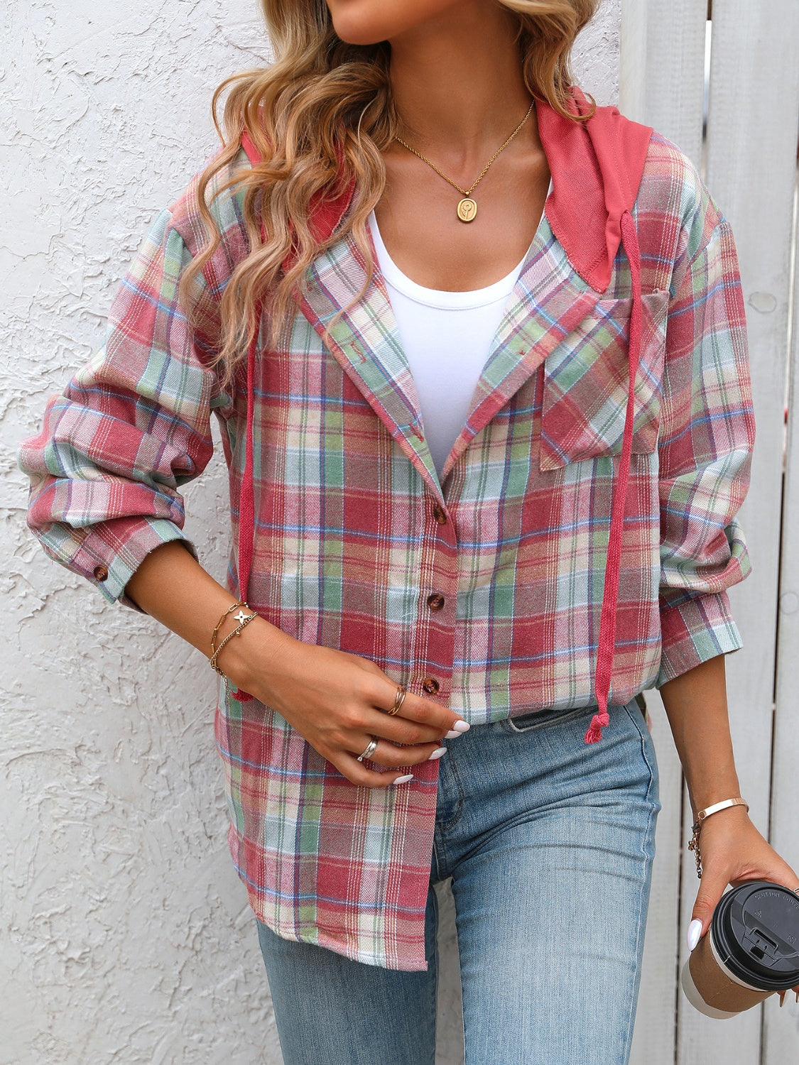Plaid Long Sleeve Hooded Jacket - 5 Colors Trendsi