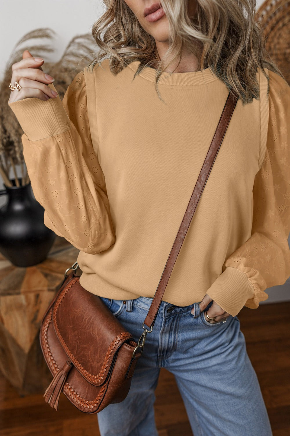 Eyelet Round Neck Long Sleeve Sweatshirt - 5 colors Trendsi
