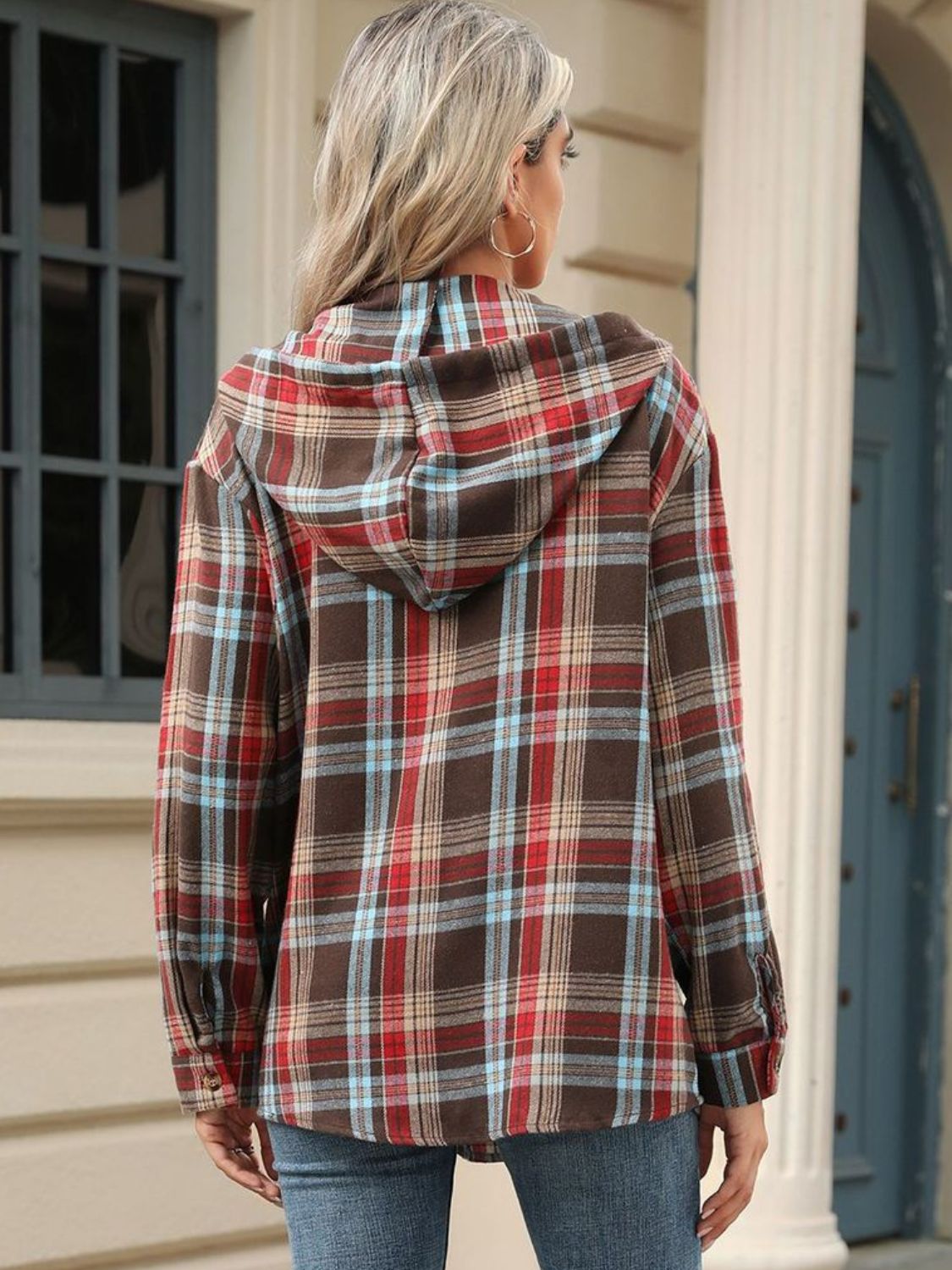 Drawstring Plaid Hooded Long Sleeve Top - 3 Colors