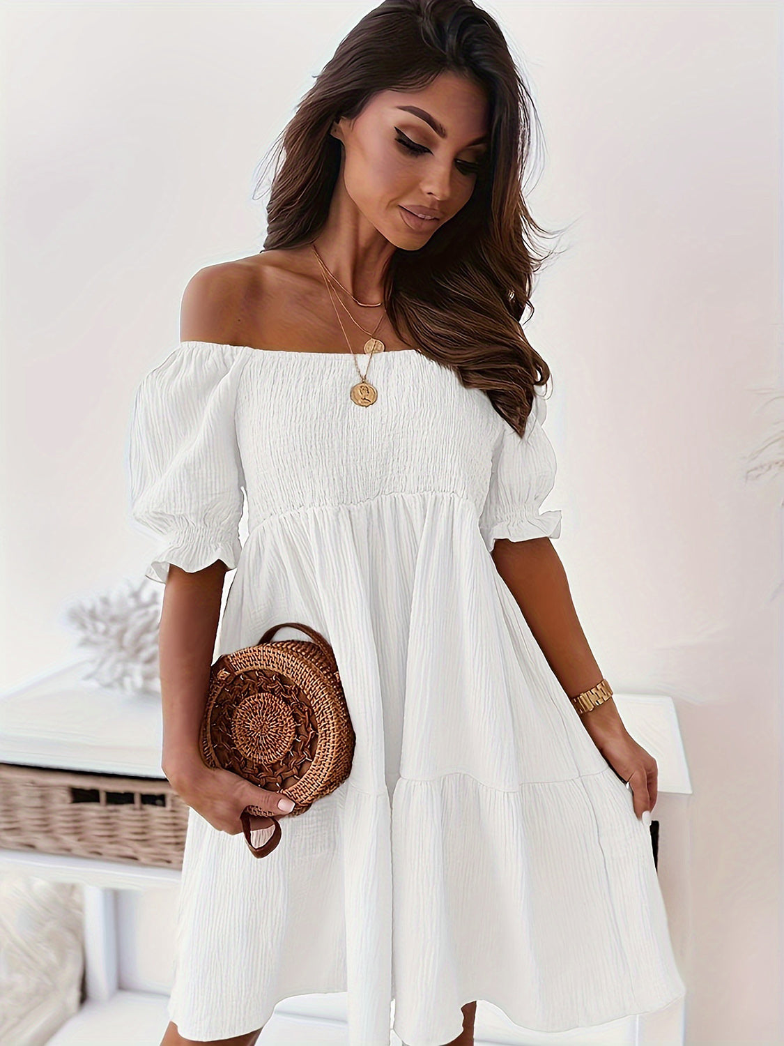 Full Size Ruffled Off-Shoulder Short Sleeve Dress - 7 Colors - Shop All Around Divas