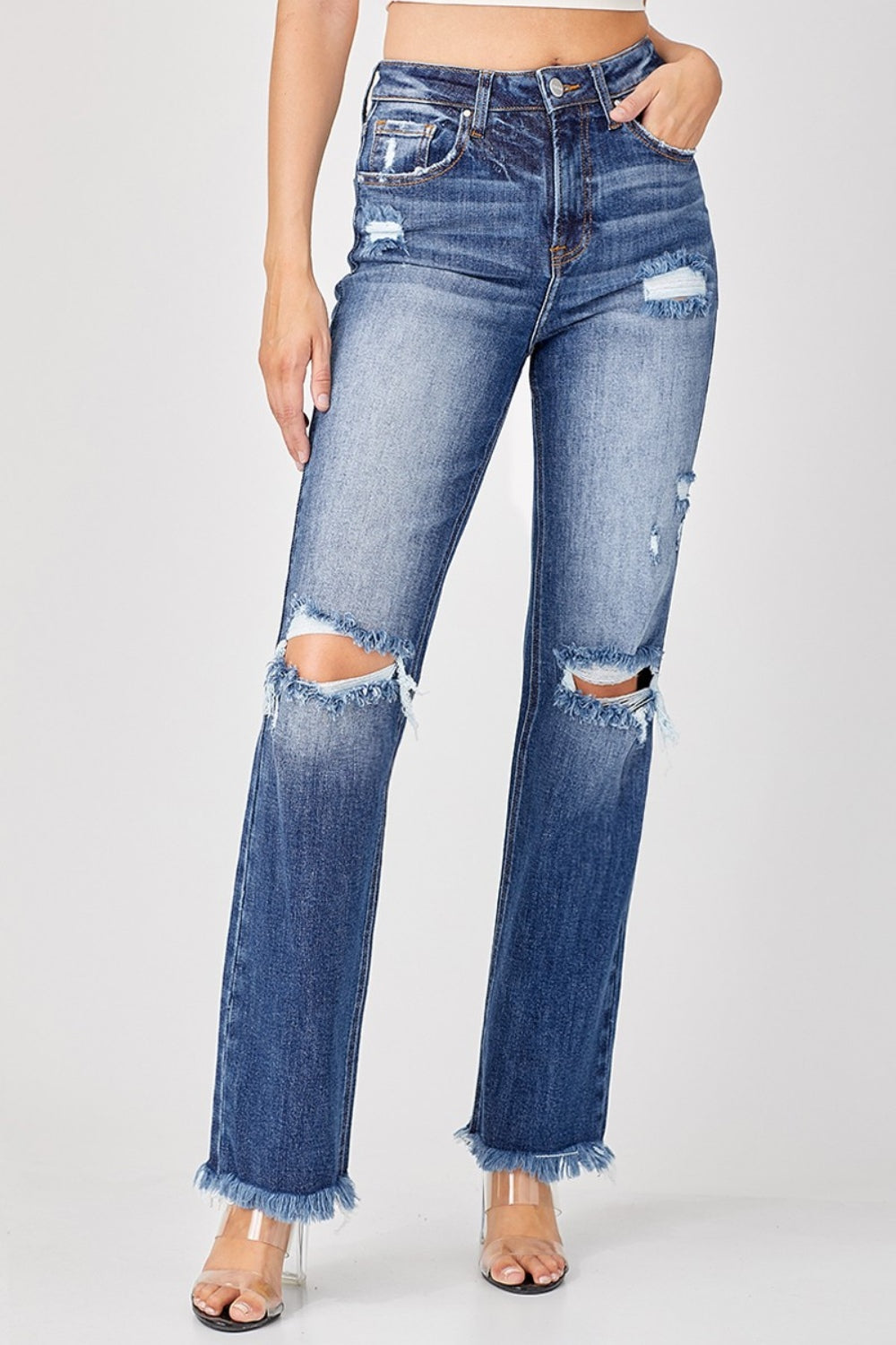 Risen Full Size Raw Hem Distressed Straight Jeans Trendsi