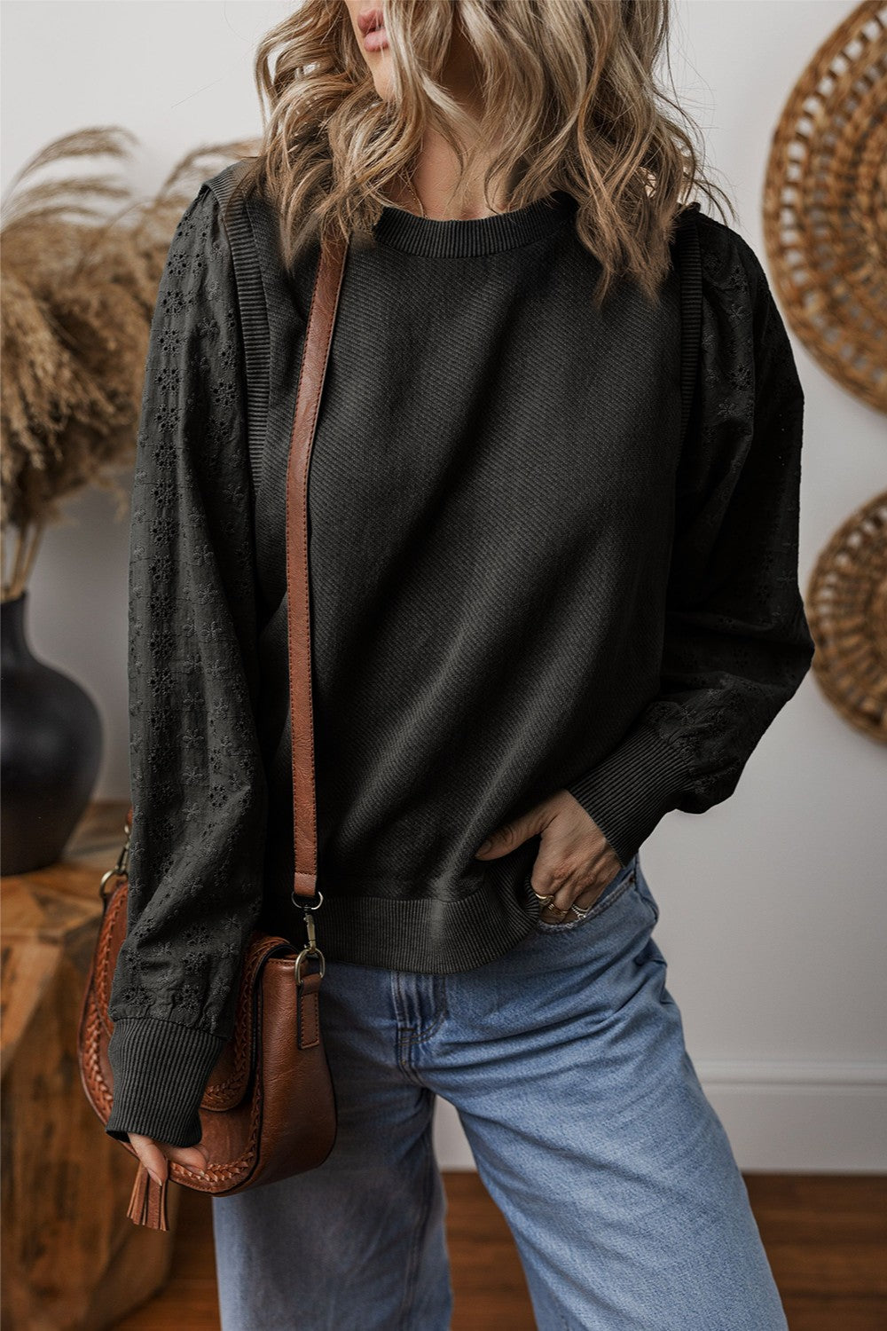 Eyelet Round Neck Long Sleeve Sweatshirt - 5 colors Trendsi