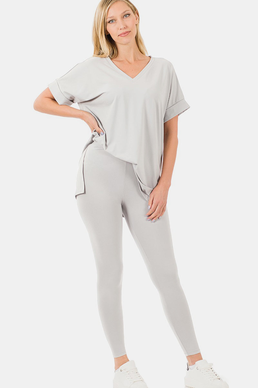 Zenana V-Neck Rolled Short Sleeve T-Shirt and Leggings Lounge Set Trendsi