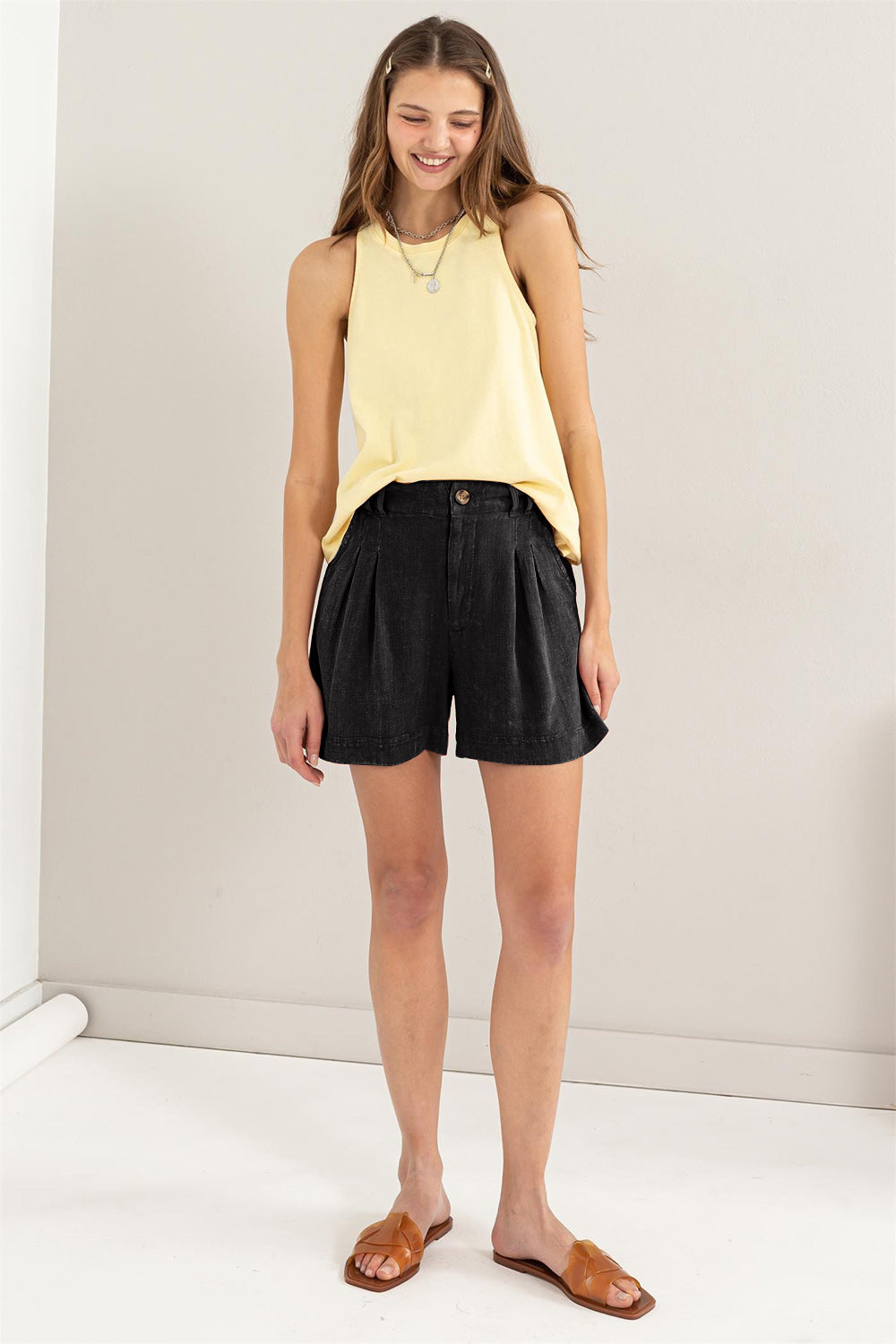 Day Date High Waist Pleated Linen Shorts Trendsi