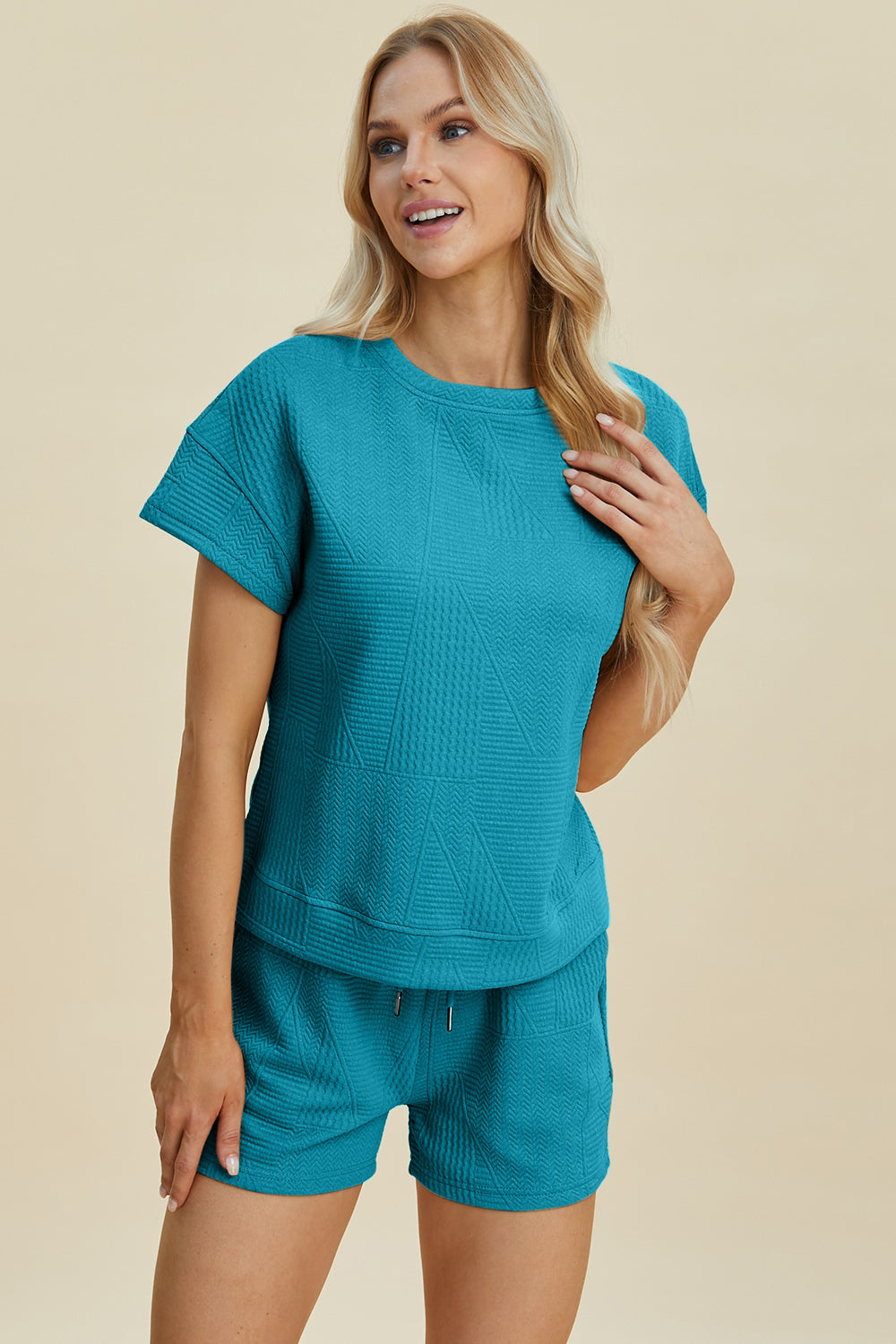 Double Take Full Size Texture Short Sleeve Top and Shorts Set - 5 Colors Trendsi