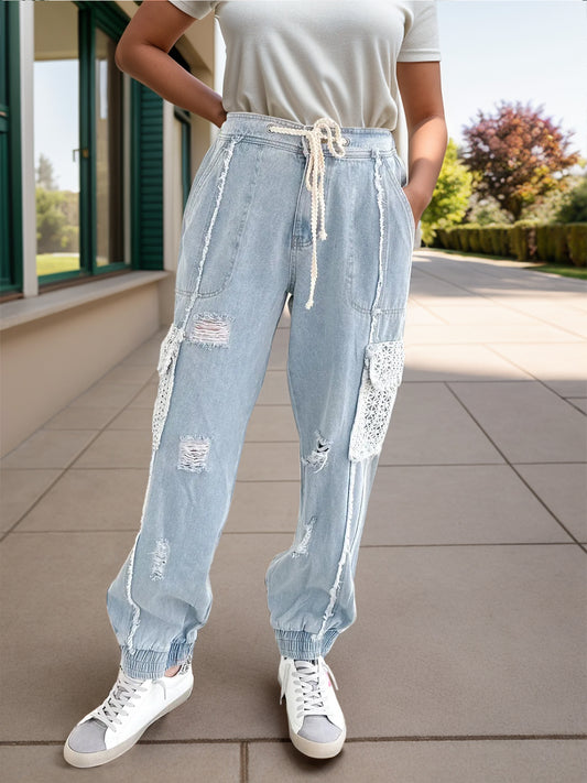 Crochet Pocketed Distressed Drawstring Jeans