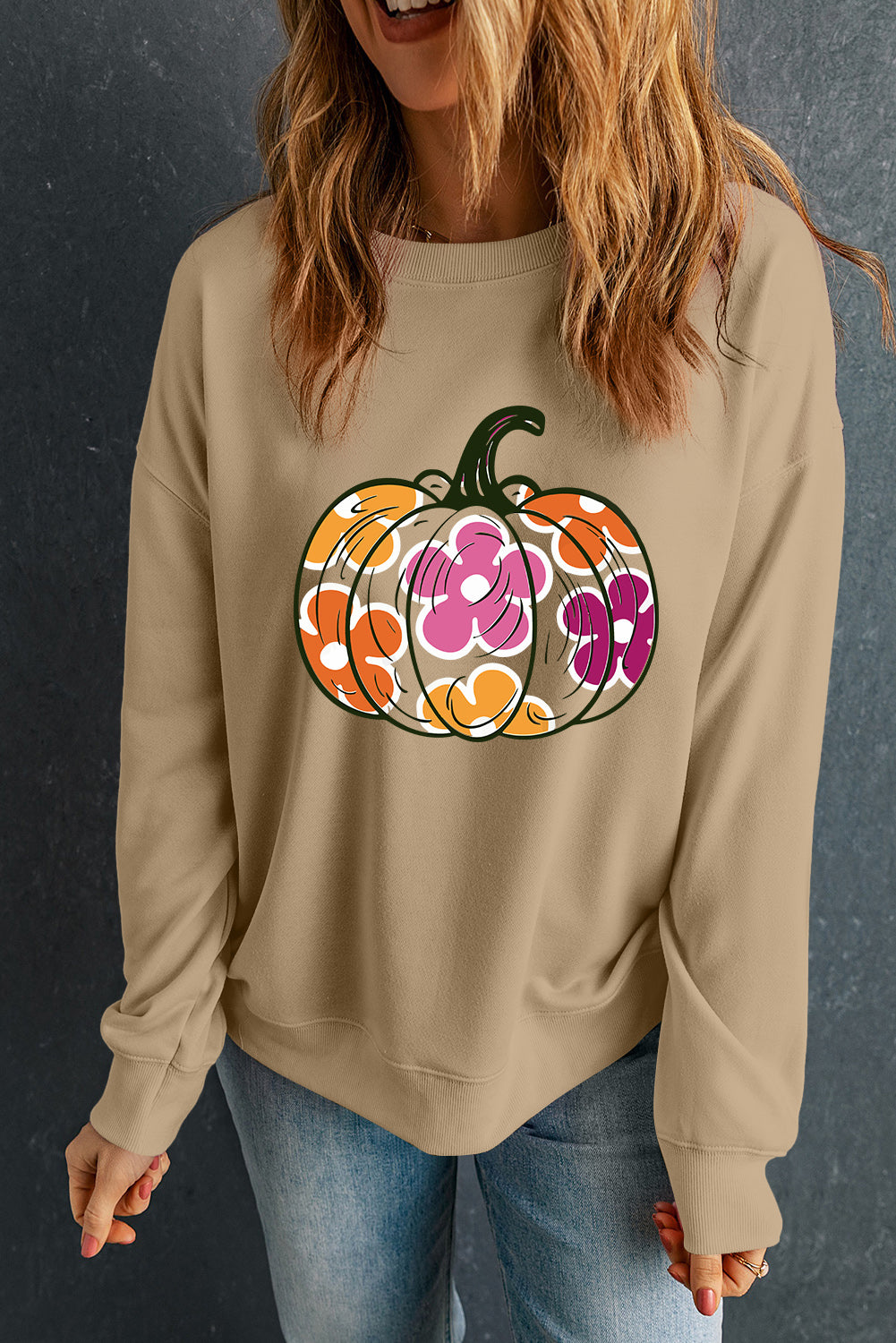 Pumpkin & Flower Graphic Long Sleeve Sweatshirt Trendsi