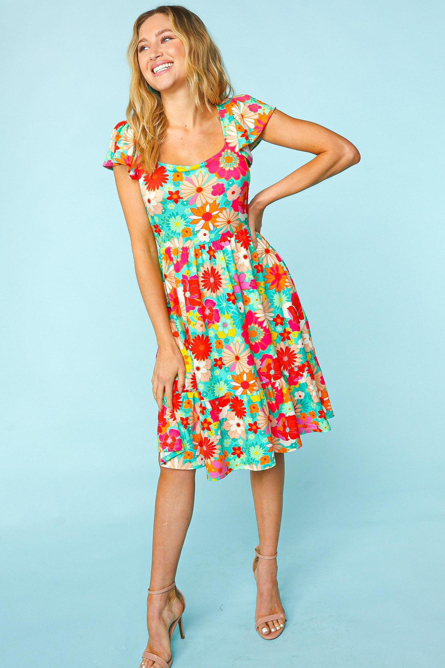 Haptics Floral Square Neck Short Sleeve Dress - Shop All Around Divas