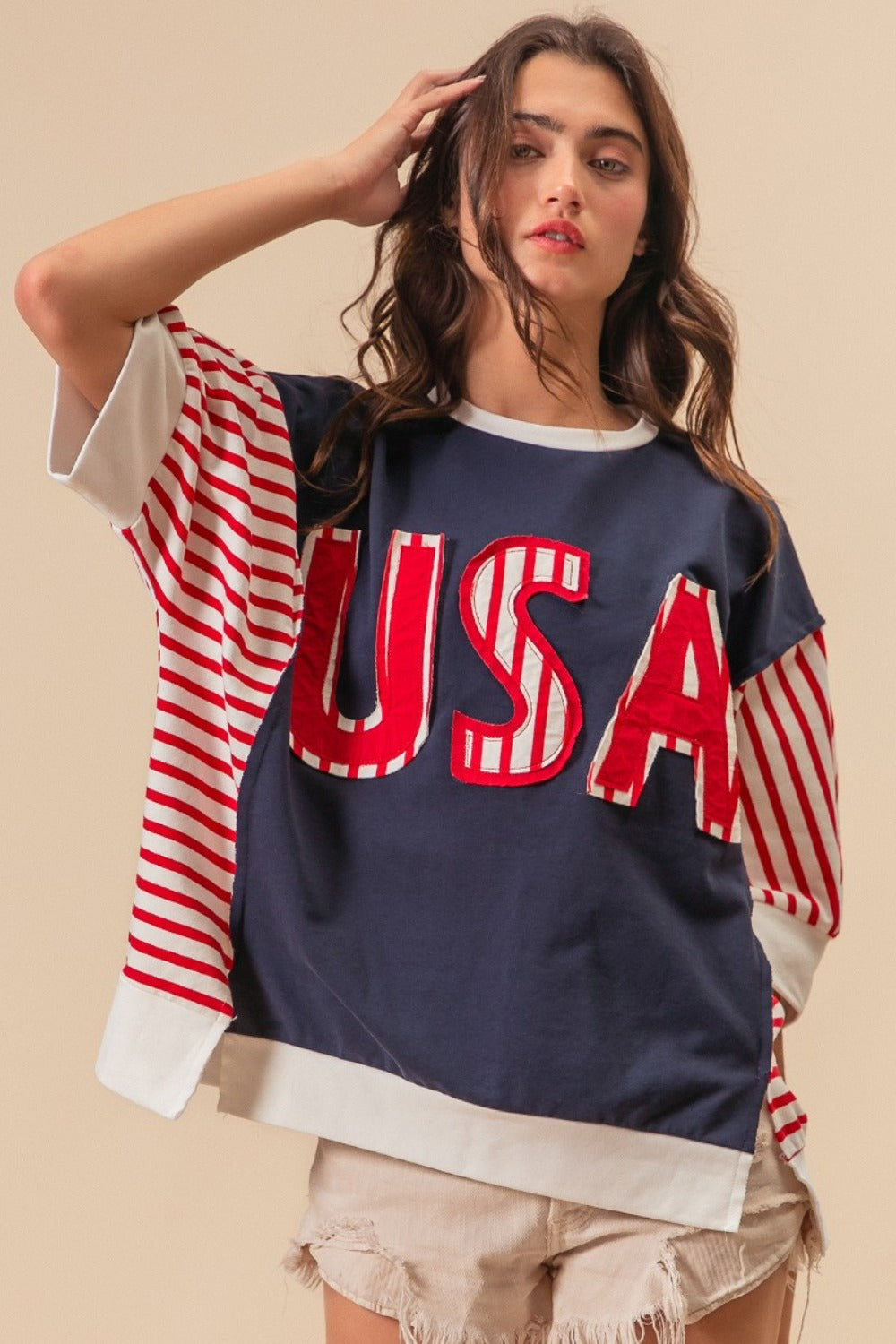 BiBi USA Letter Patchwork Contrast Short Sleeve T-Shirt - Shop All Around Divas