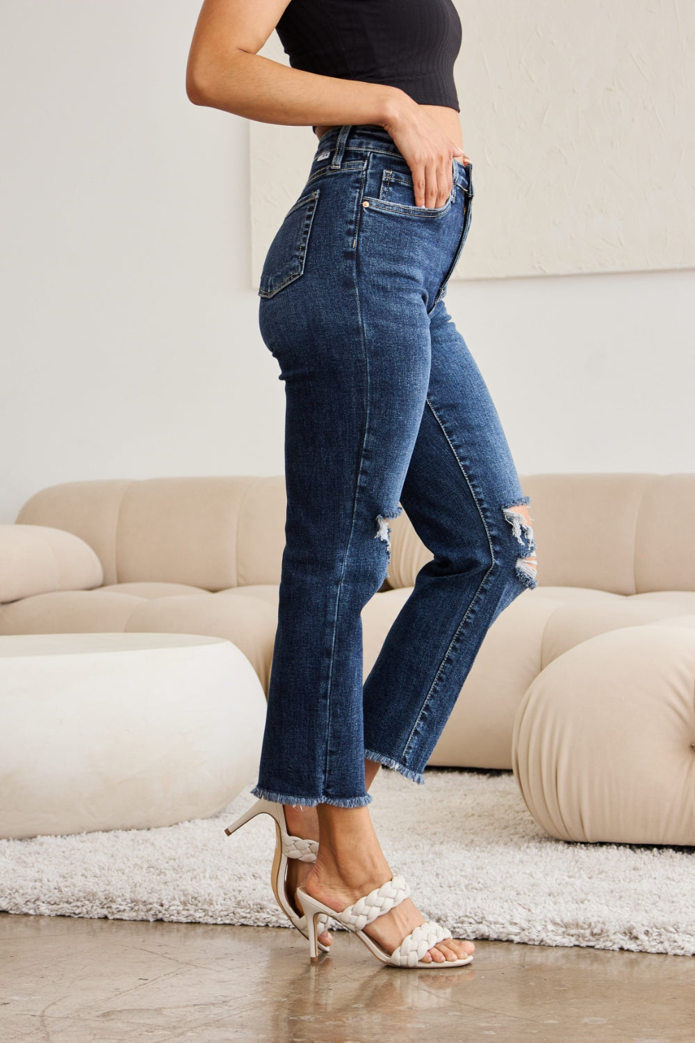 RFM Full Size Tummy Control Distressed High Waist Raw Hem Jeans - Shop All Around Divas