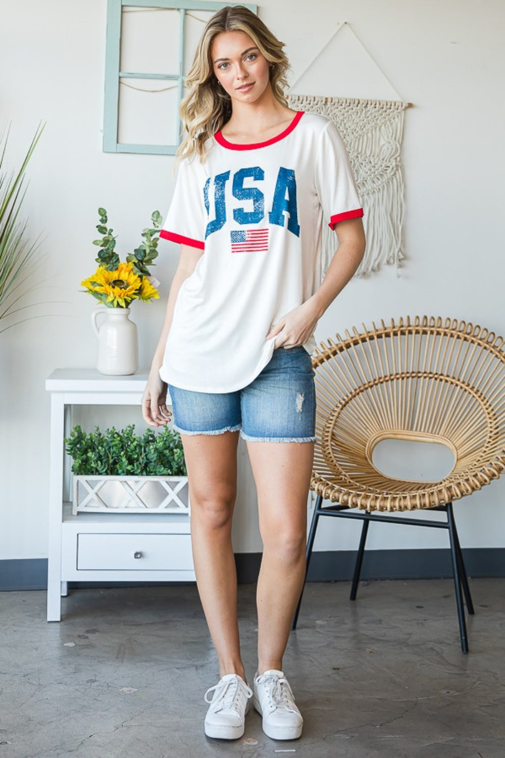 Heimish Full Size USA Contrast Trim Short Sleeve T-Shirt - Shop All Around Divas