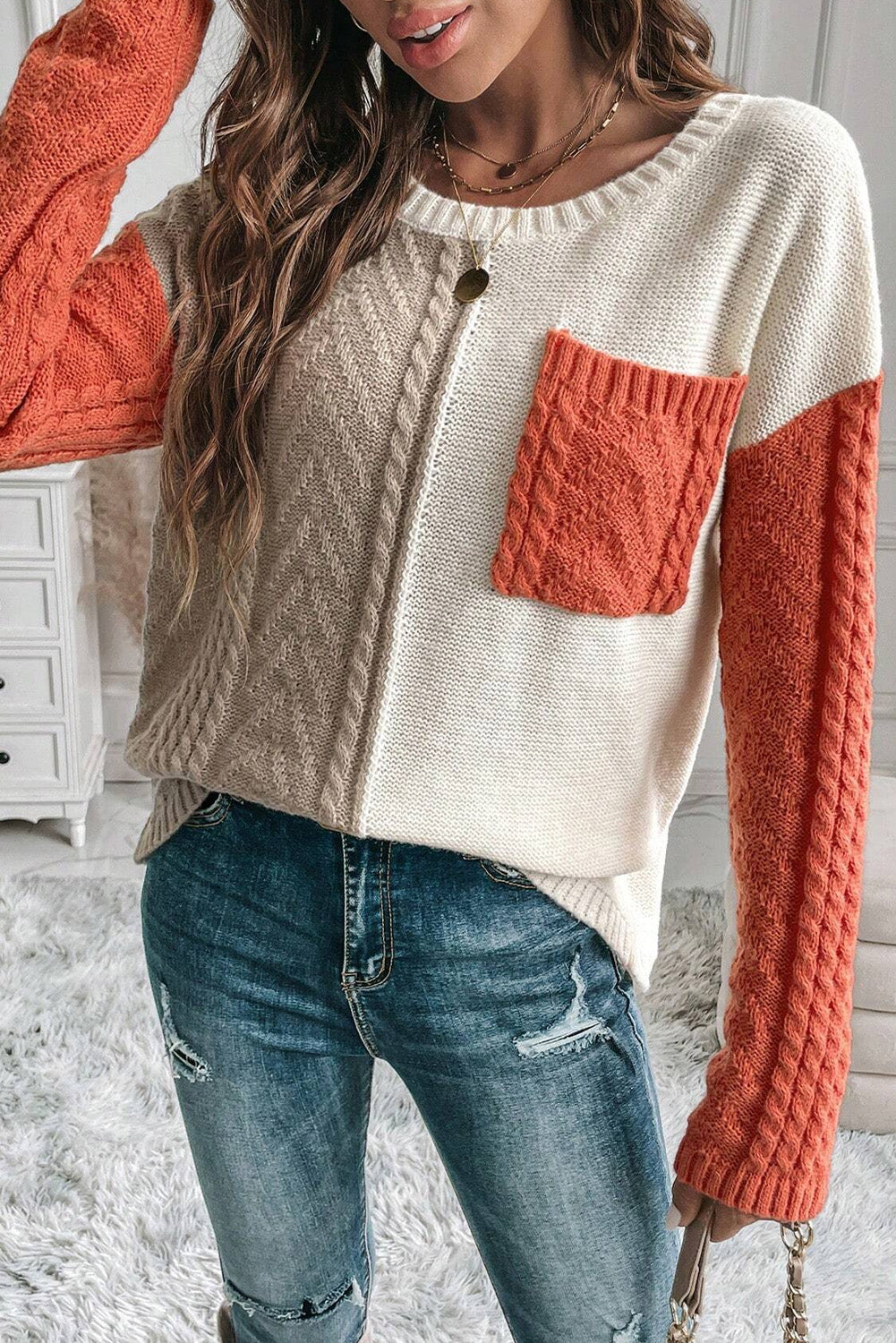 Color Block Round Neck Long Sleeve Sweater Trendsi