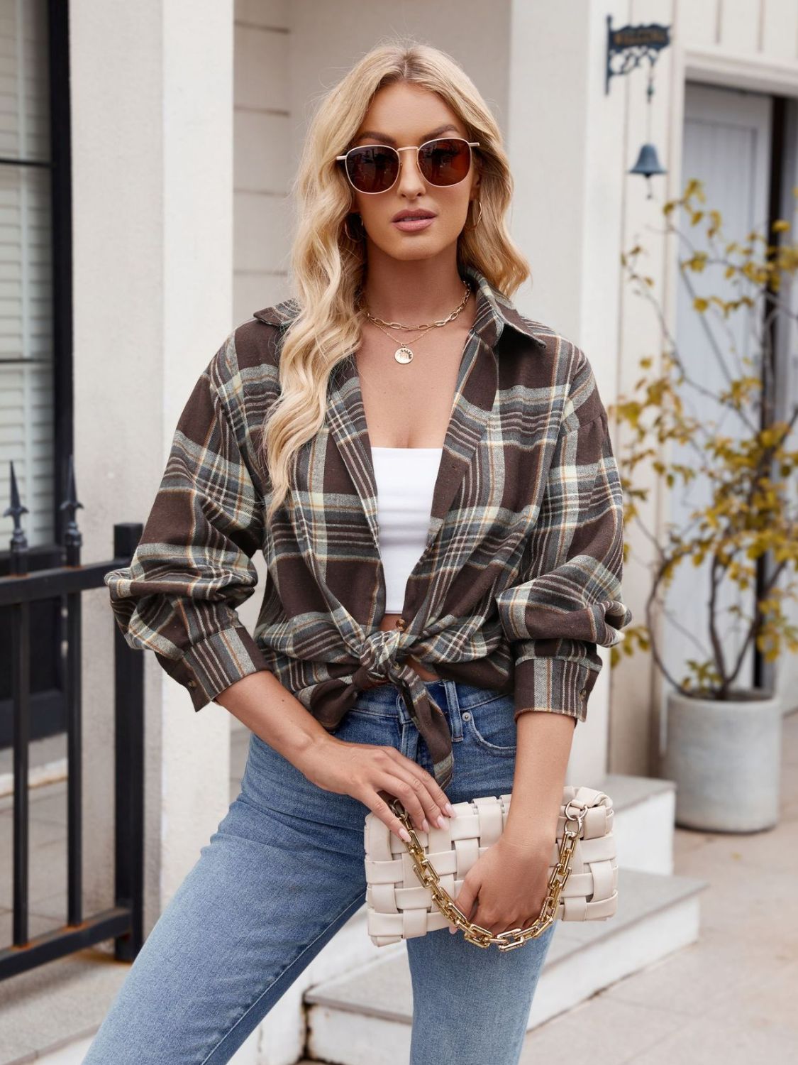 Pocketed Plaid Collared Neck Long Sleeve Shirt- 6 Styles Trendsi