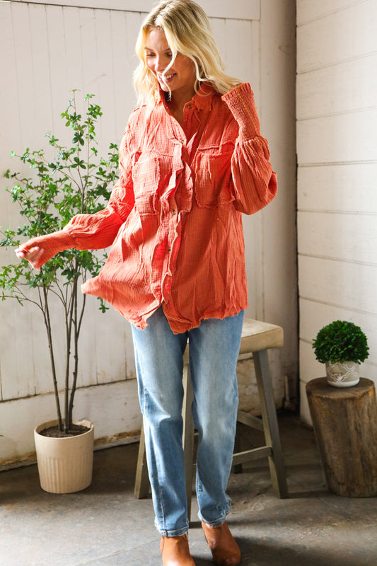 Everyday Persimmon Cotton Smocked Ruffle Detail Shacket