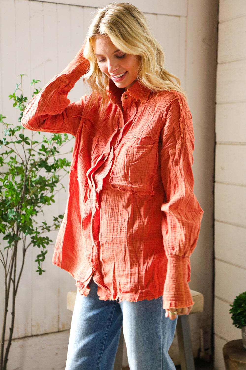 Everyday Persimmon Cotton Smocked Ruffle Detail Shacket