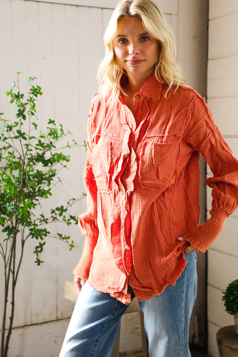 Everyday Persimmon Cotton Smocked Ruffle Detail Shacket