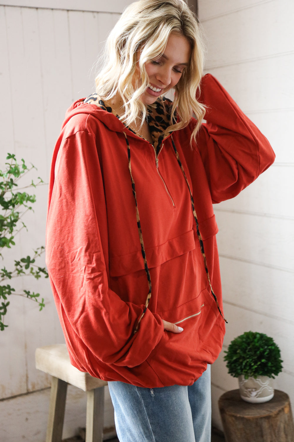 Bold Moves Leopard Zip Pocketed Pullover