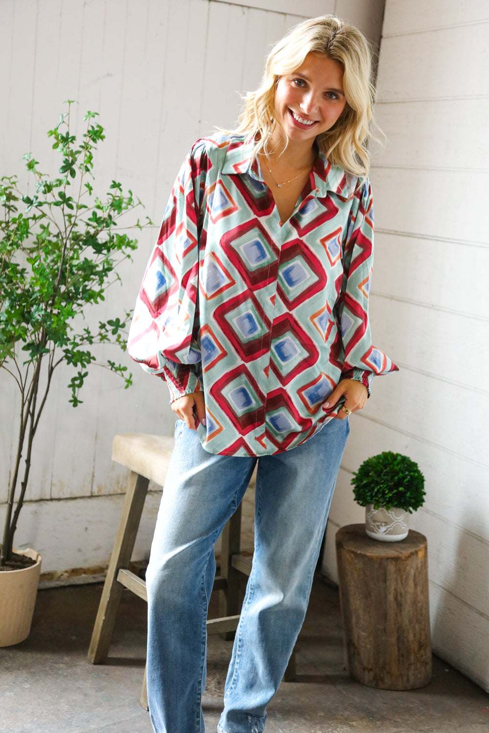 Mint To Be V Neck Bubble Sleeve Silky Collared Blouse