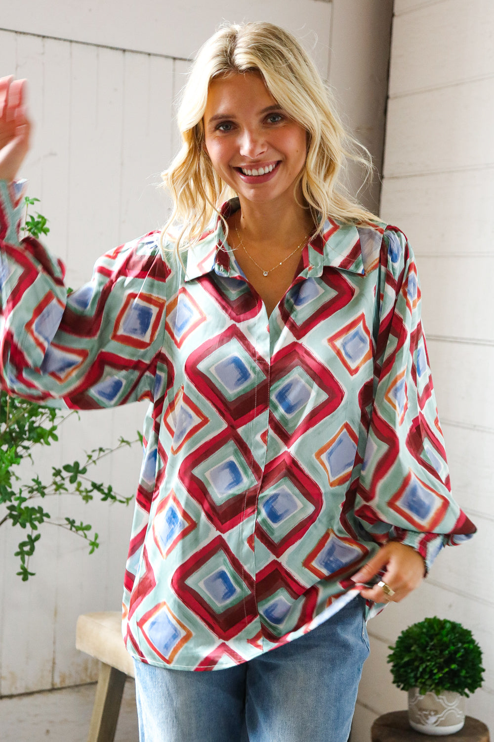 Mint To Be V Neck Bubble Sleeve Silky Collared Blouse