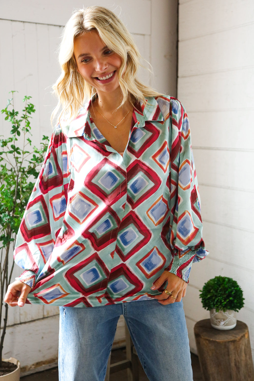 Mint To Be V Neck Bubble Sleeve Silky Collared Blouse