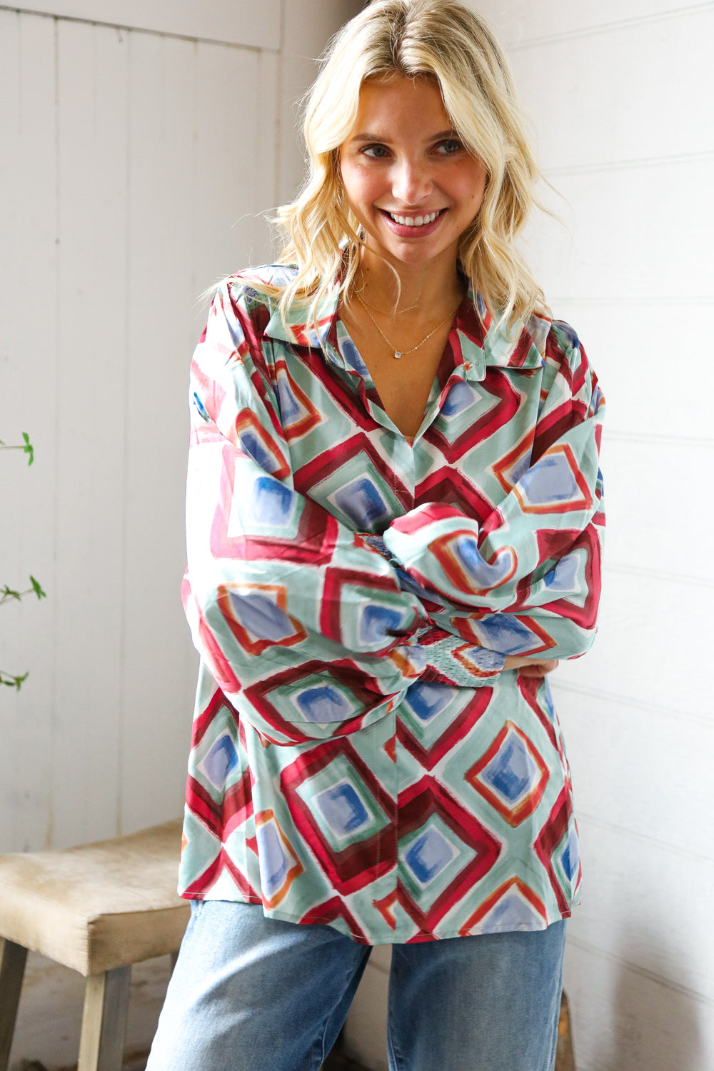 Mint To Be V Neck Bubble Sleeve Silky Collared Blouse