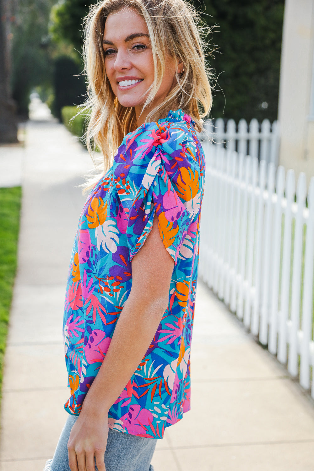 All For You Aqua Tropical Print Frill Notch Neck Puff Sleeve Top