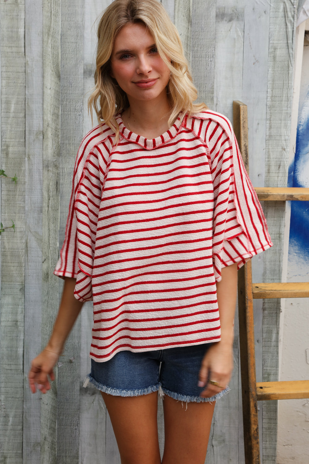 Casual Chic Cotton Red & Cream Stripe Raglan 3/4 Sleeve Pullover