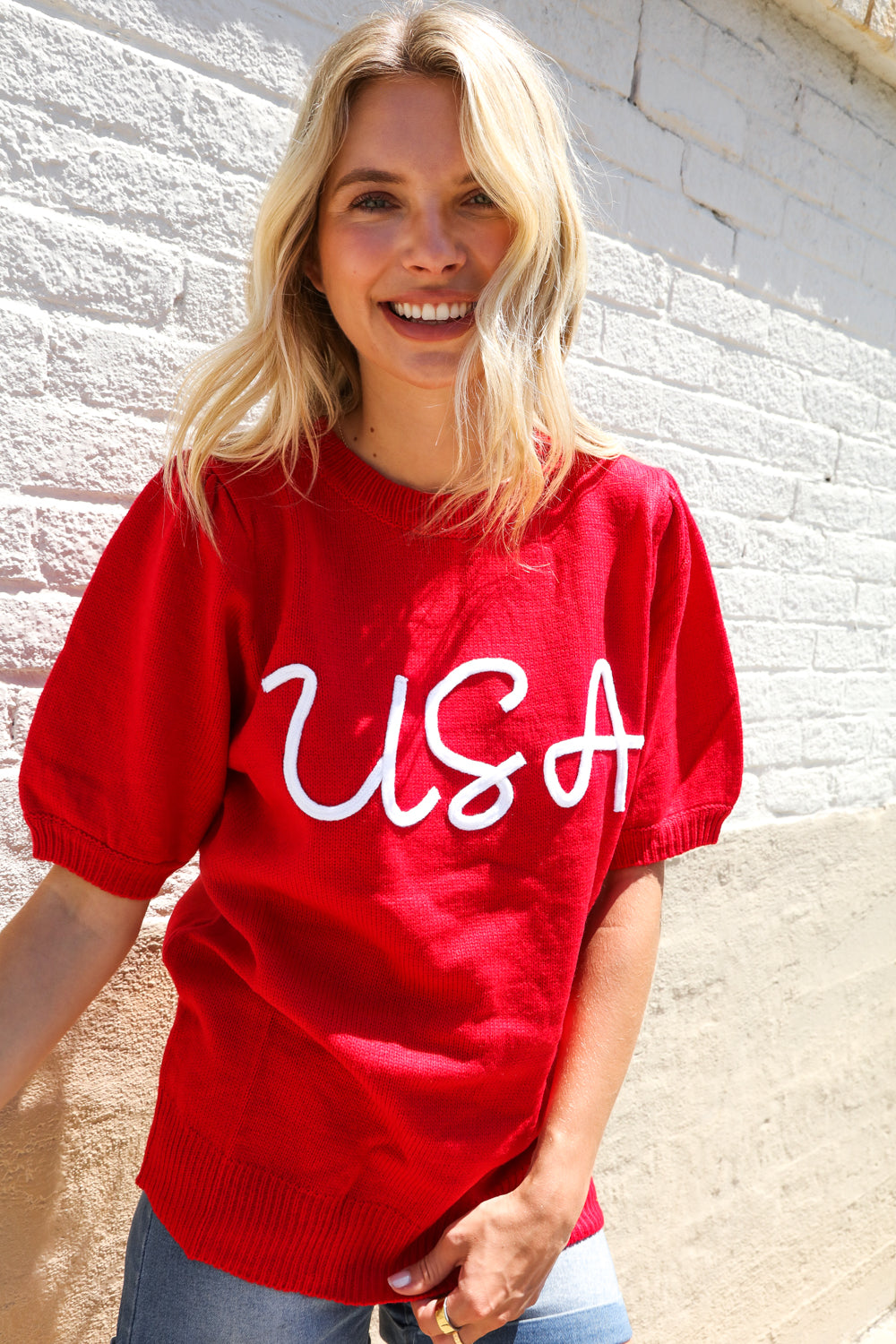 Patriotic USA Red Knit Embroidery Puff Sleeve Sweater Top