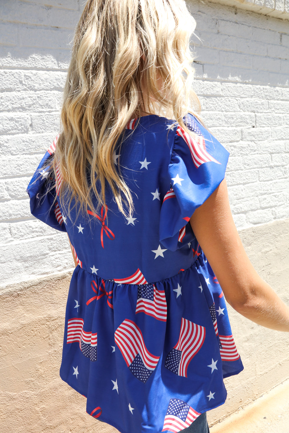 American Flag Blue & Red Stars & Bow Print Woven Top