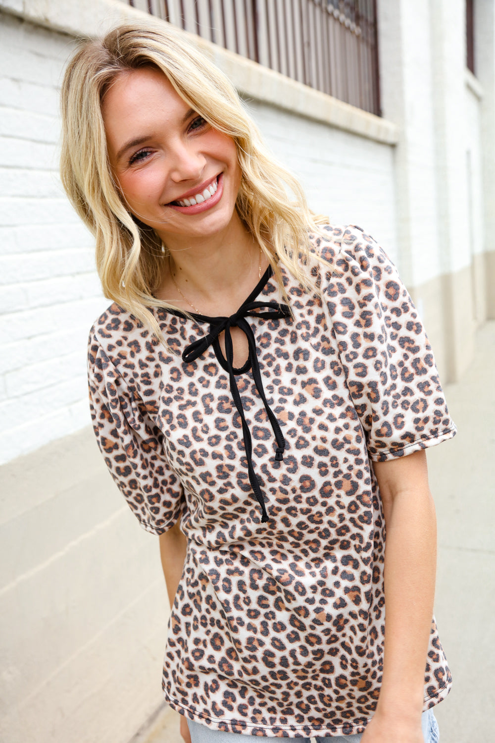 Everyday Animal Print Collar Notch Front Tie Knit Top