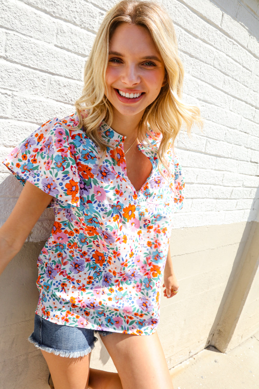 Beautiful You Ivory Floral Print Notch Neck Puff Short Sleeve Top