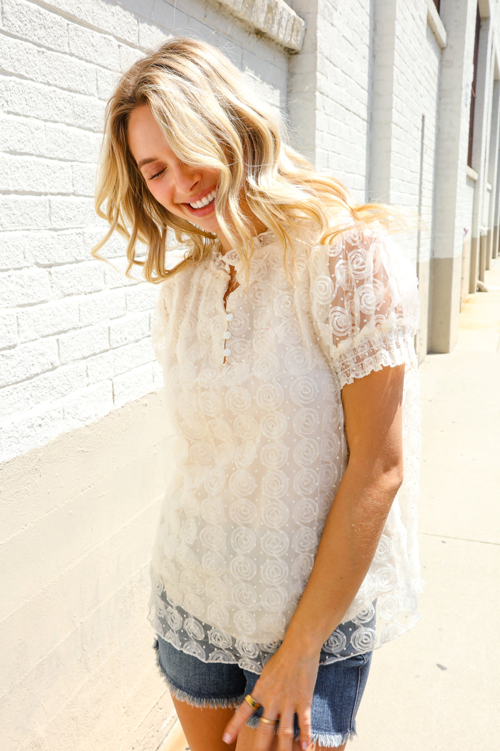 Classy Chic Ivory Swiss Dot Chiffon Button Yoke Lined Blouse