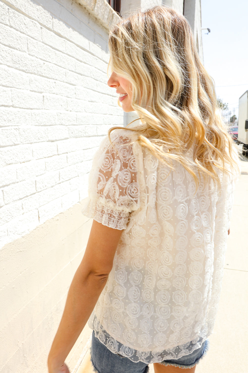 Classy Chic Ivory Swiss Dot Chiffon Button Yoke Lined Blouse