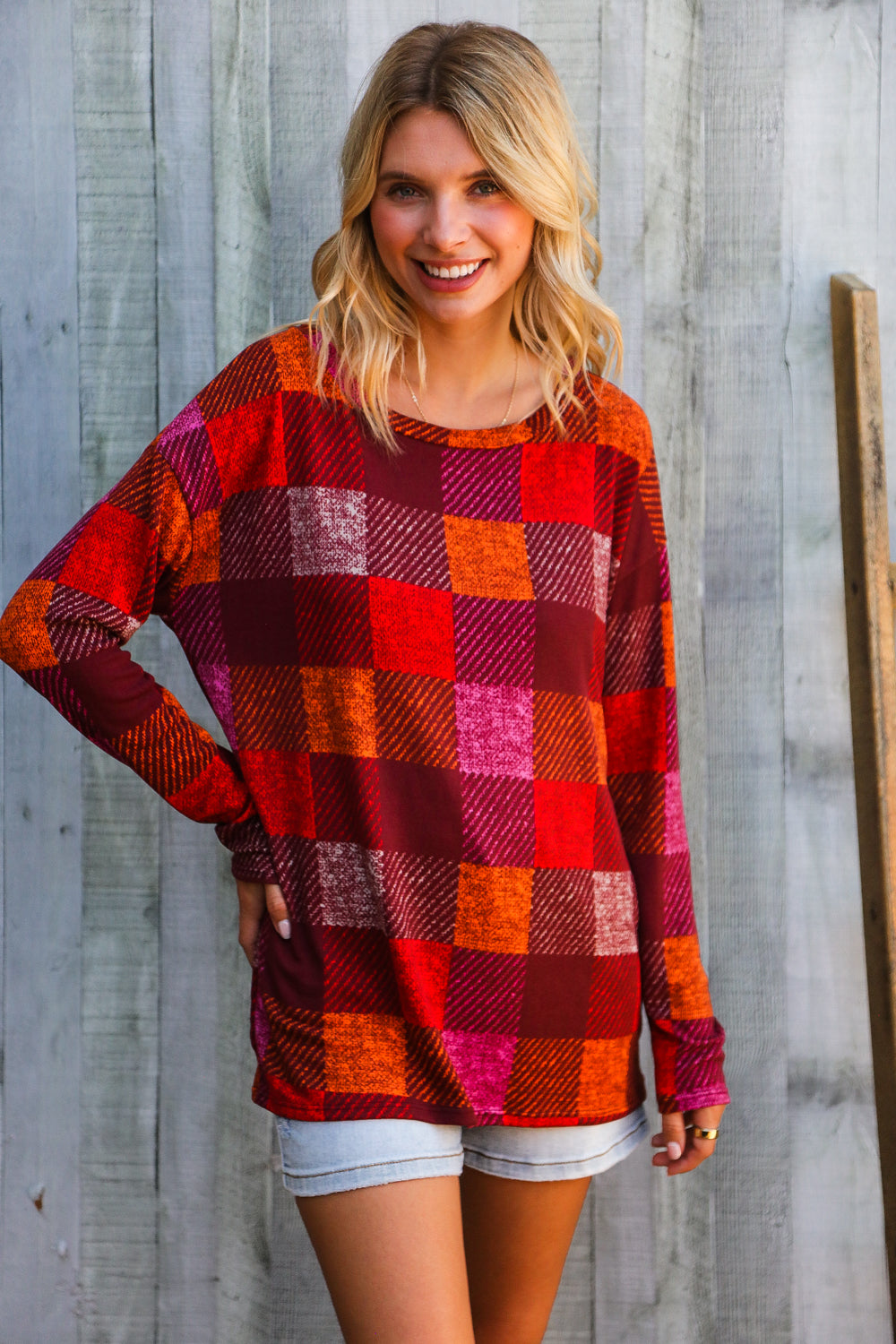 Autumn Embers Checker Plaid Long Sleeve Top