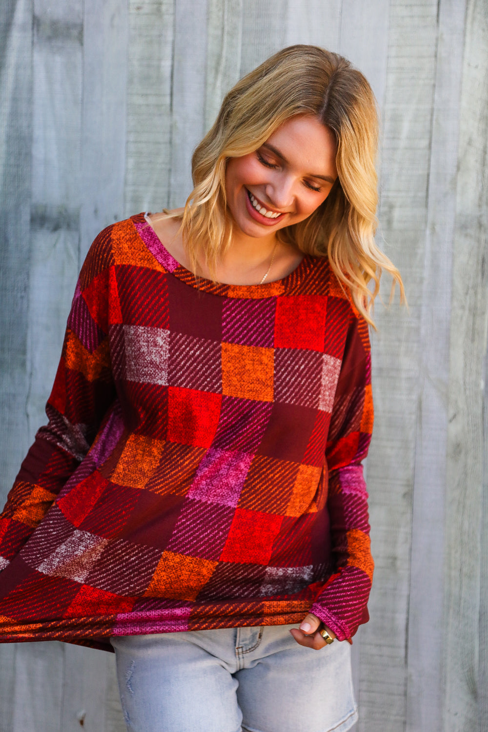 Autumn Embers Checker Plaid Long Sleeve Top