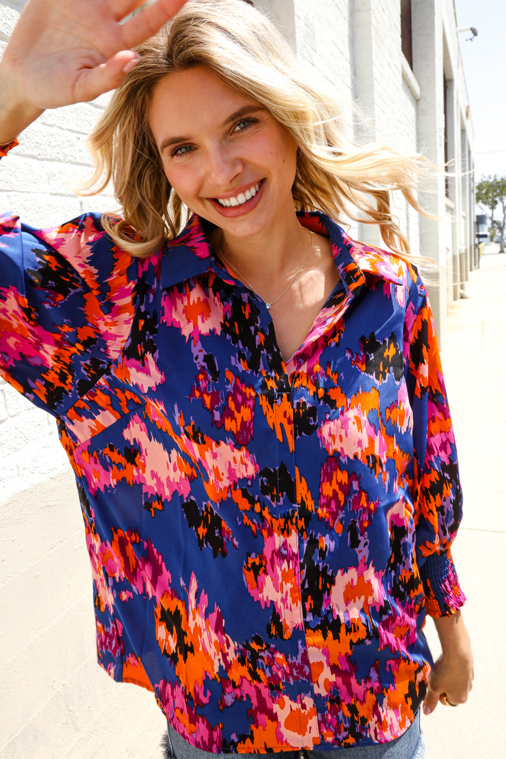Dazzle in Cobalt Blue Abstract Print Button-Down Smocked Sleeve Blouse