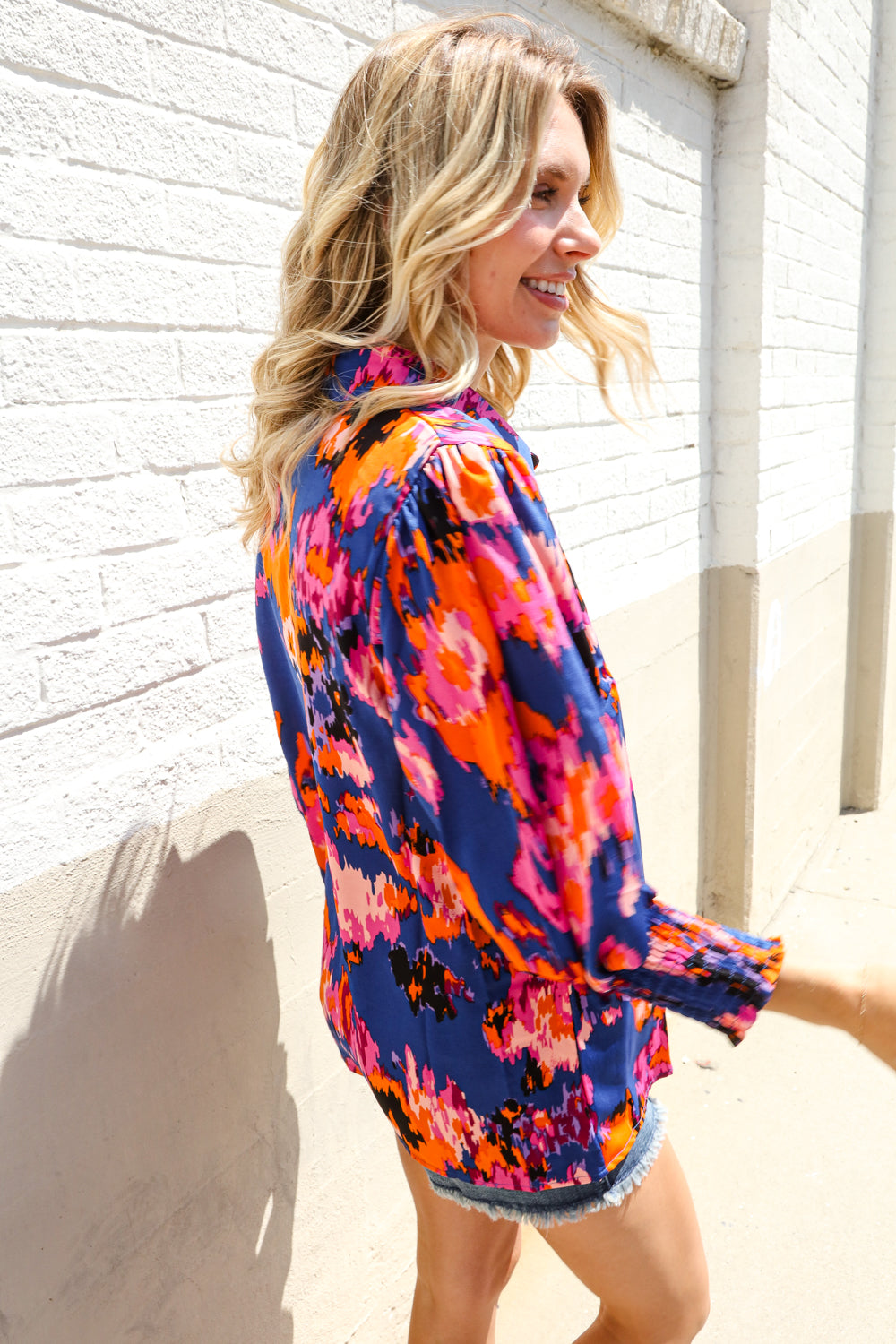 Dazzle in Cobalt Blue Abstract Print Button-Down Smocked Sleeve Blouse