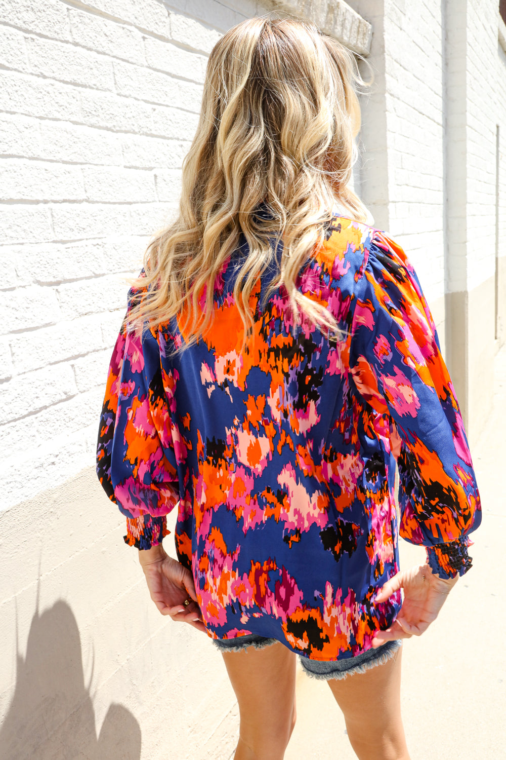Dazzle in Cobalt Blue Abstract Print Button-Down Smocked Sleeve Blouse