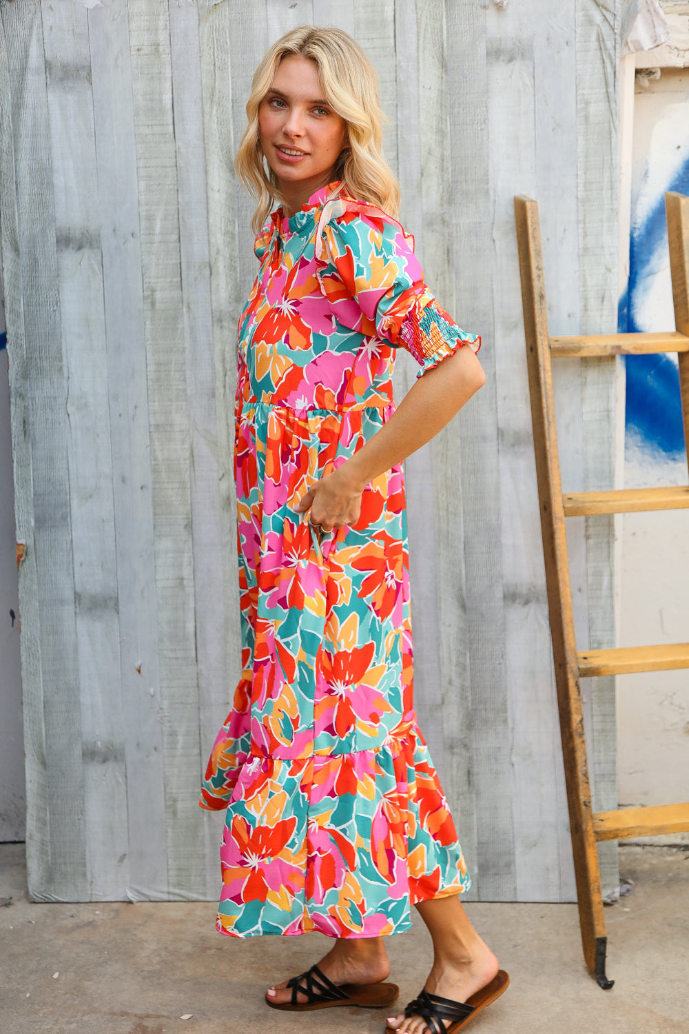 Dazzle In Orange & Aqua Floral Smocked Notched Neck Midi Dress