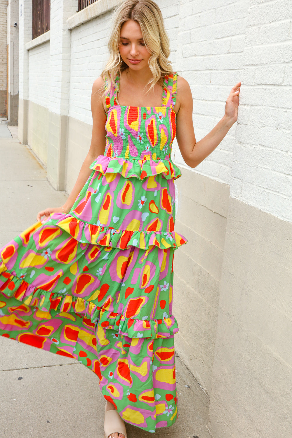 Sunny Days Abstract Print Tiered Ruffle Smocked Sleeveless Maxi