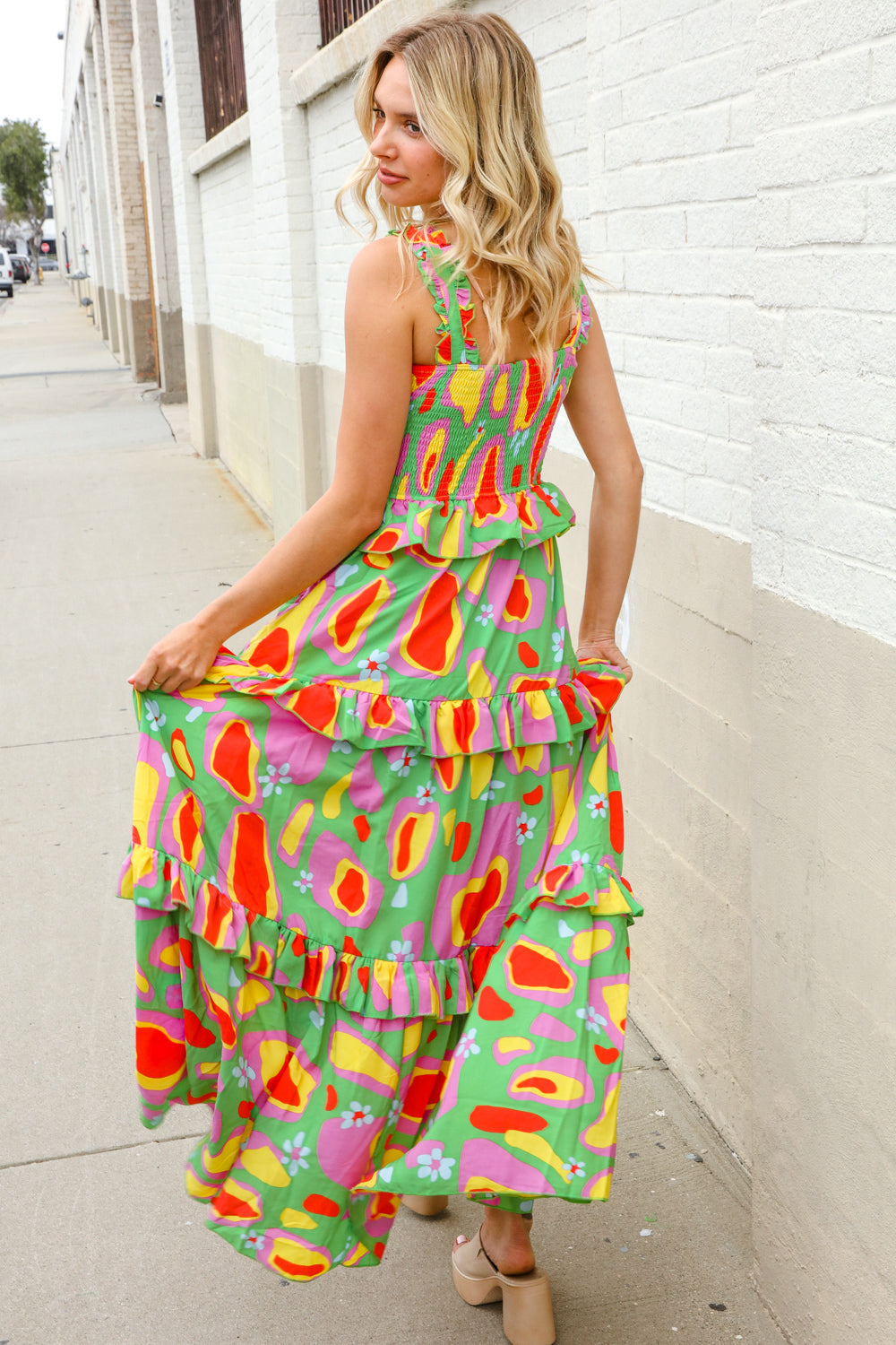 Sunny Days Abstract Print Tiered Ruffle Smocked Sleeveless Maxi