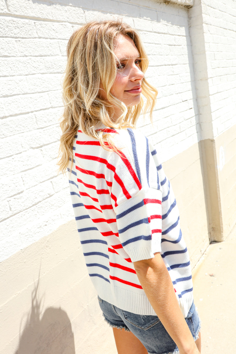Patriotic Red & Blue Stripe Drop Shoulder Oversize Sweater Top