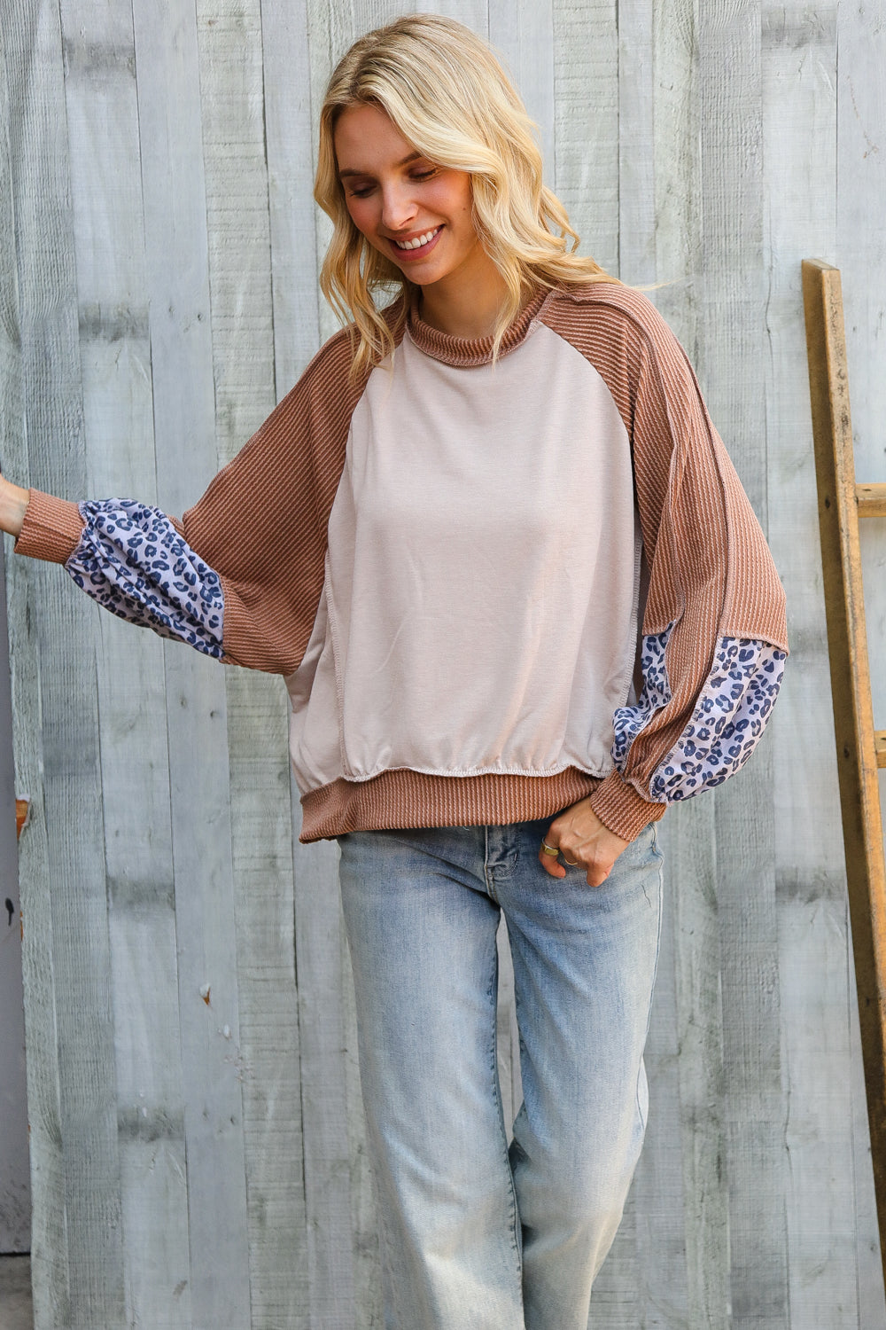 Lock Eyes Taupe & Animal Print Dolman Colorblock Terry Top