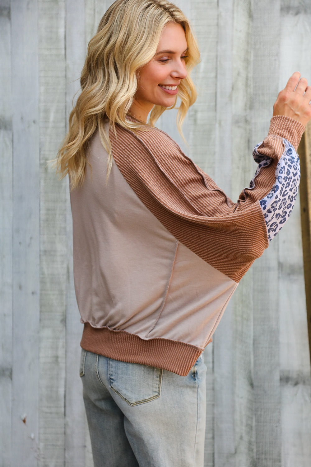 Lock Eyes Taupe & Animal Print Dolman Colorblock Terry Top