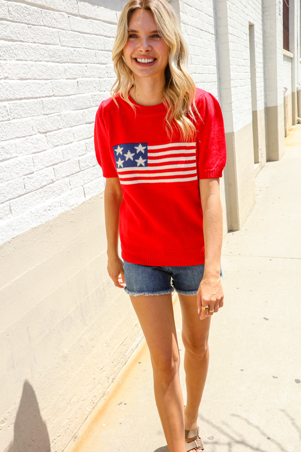 American Flag Bubble Short Sleeve Jacquard Sweater Knit Pullover
