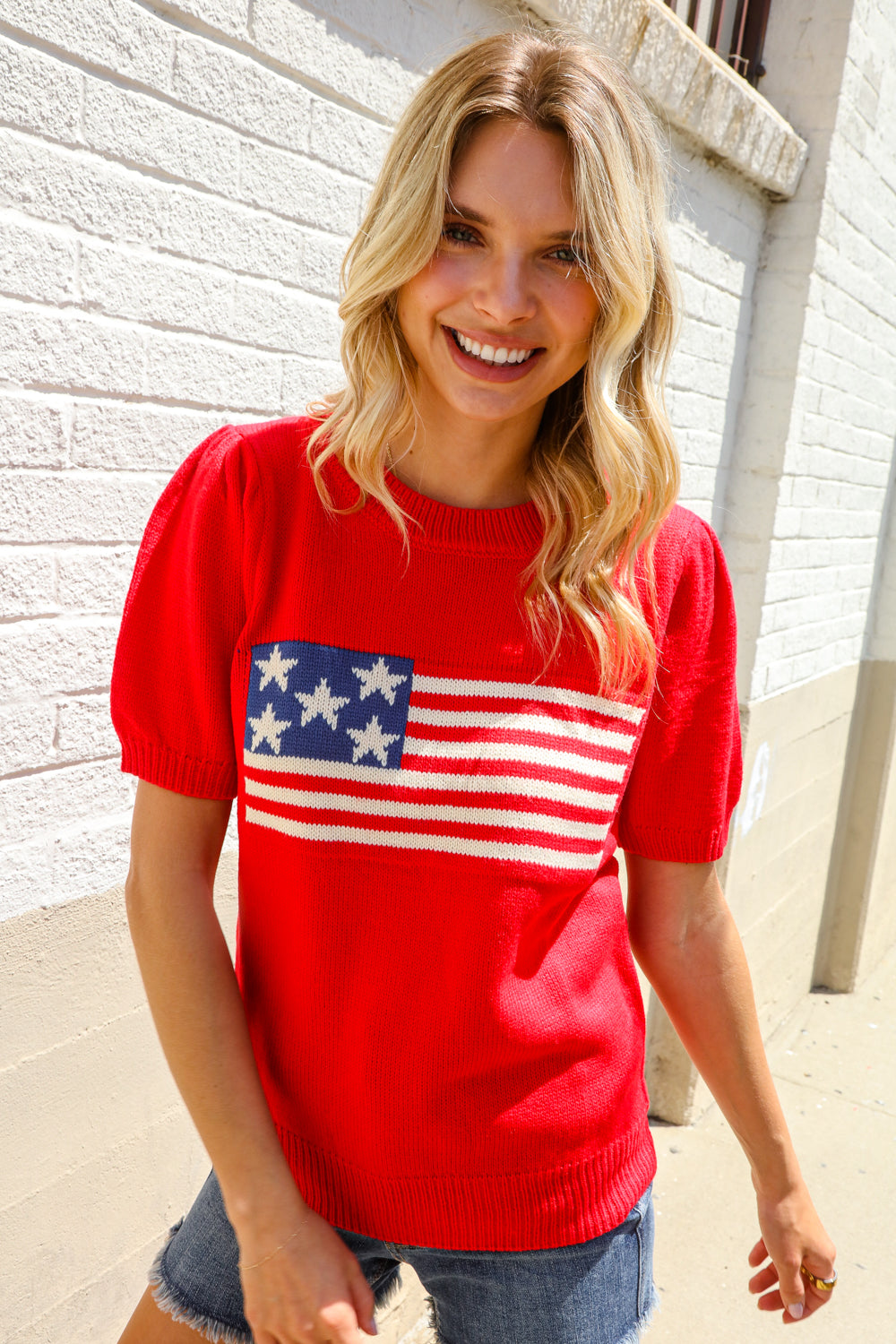 American Flag Bubble Short Sleeve Jacquard Sweater Knit Pullover